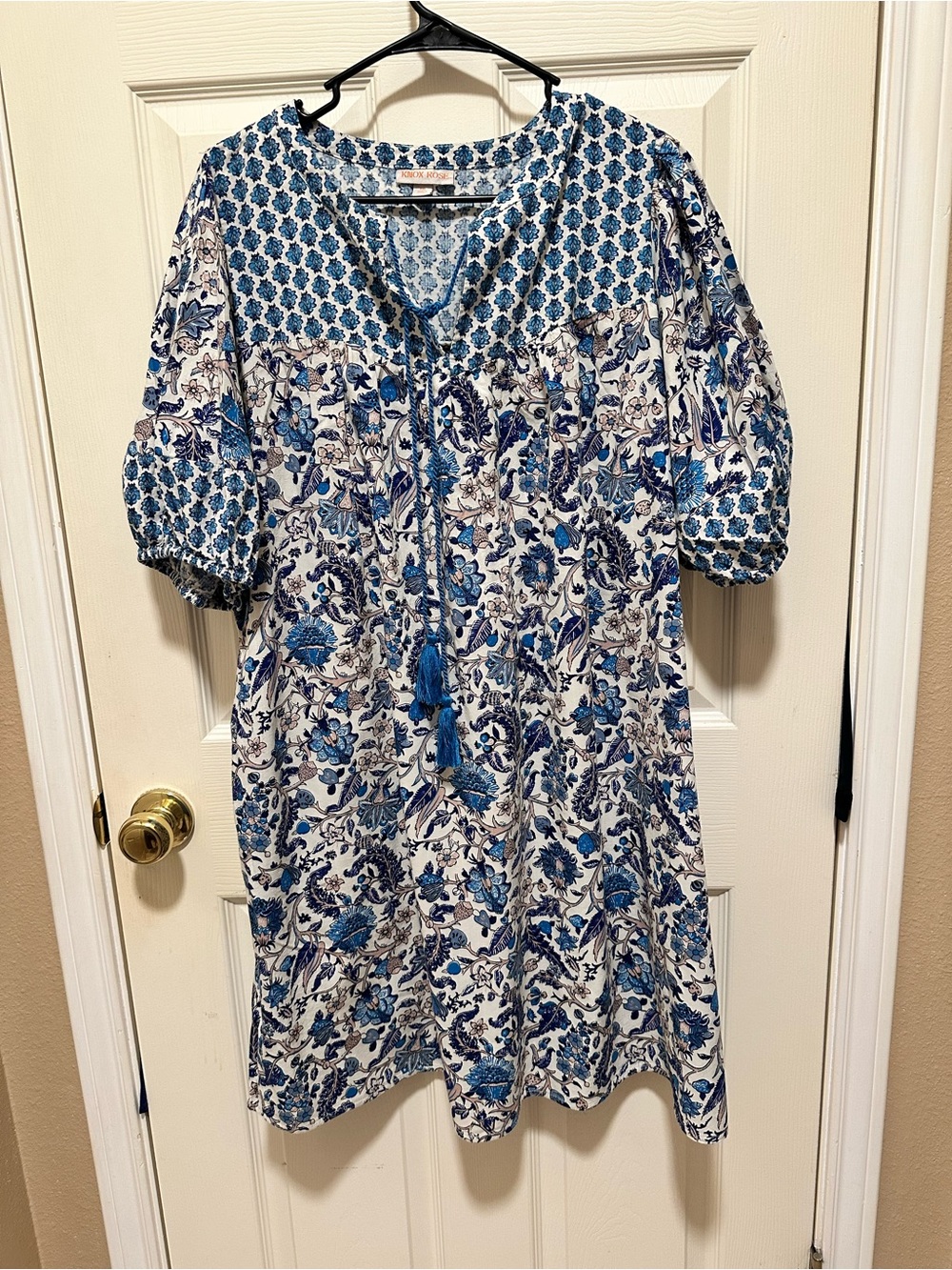 Knox Rose Blue and White Floral Midi Dress with Tassel Tie